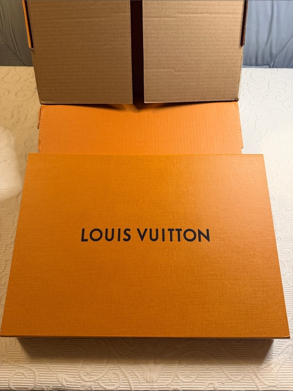 Louis Vuitton Orange Signature Gift Box, Ribbon, and Tissue Mailed in a LV box.